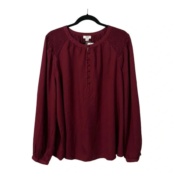 crown & ivy Tops - Crown Ivy Peasant Blouse Women’s XXL Red Cranberry Peasant Long Sleeve Button